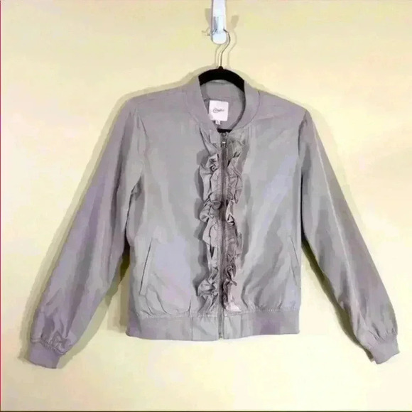 Candies Tan Ruffled Floral Embroidered Cropped Bomber Jacket Size M - Picture 2 of 12